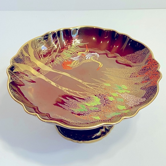 Carlton Ware Rouge Royale Hand Painted Crane/Willow Tree Scene Red Pedestal Dish - Picture 3 of 13